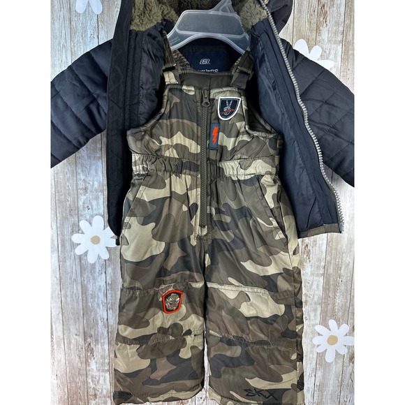 Skechers Baby Boys Romper Quilted Jacket Sz 12 Mos Black Brown Camo Patches Logo - Picture 3 of 9